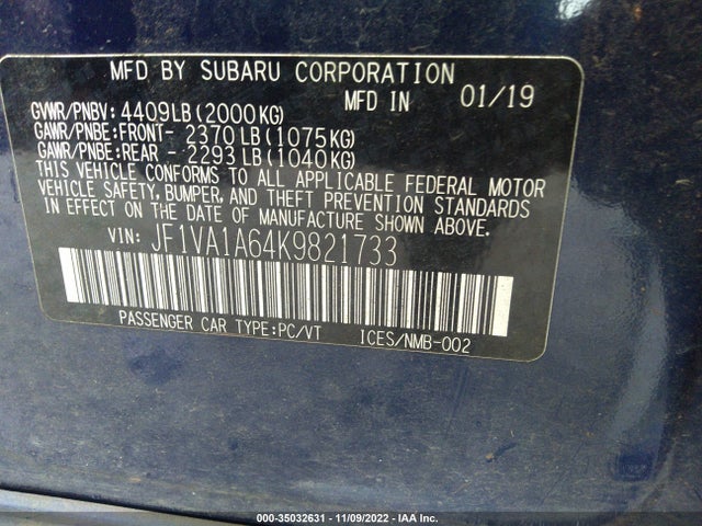 2019 Subaru WRX, VIN: JF1VA1A64K9821733