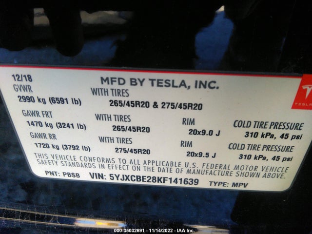 2019 Tesla Model X, VIN: 5YJXCBE28KF141639