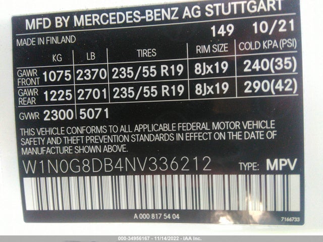 2022 Mercedes-Benz GLC-Class, VIN: W1N0G8DB4NV336212