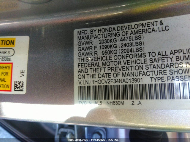 2022 HONDA ACCORD SEDAN SPORT VIN: 1HGCV2F34NA013901