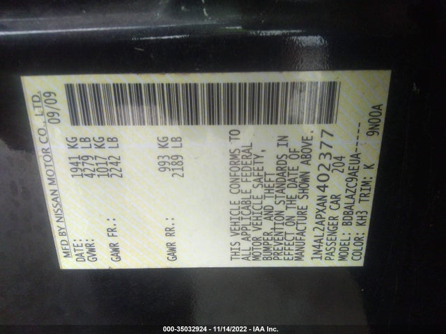 35032924 :رقم المزاد ، 1N4AL2APXAN402377 vin ، 2010 Nissan Altima 2.5 مزاد بيع