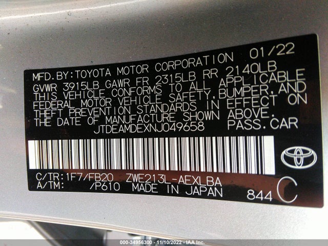 2022 TOYOTA COROLLA HYBRID LE VIN: JTDEAMDEXNJ049658