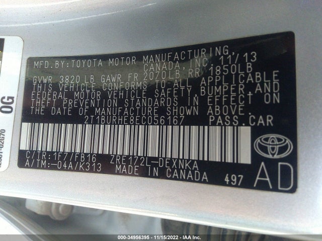 2014 TOYOTA COROLLA L/LE/S/S PLUS/LE PLUS VIN: 2T1BURHE8EC056167