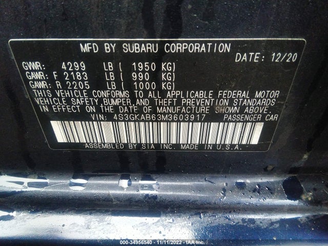 2021 SUBARU IMPREZA VIN: 4S3GKAB63M3603917
