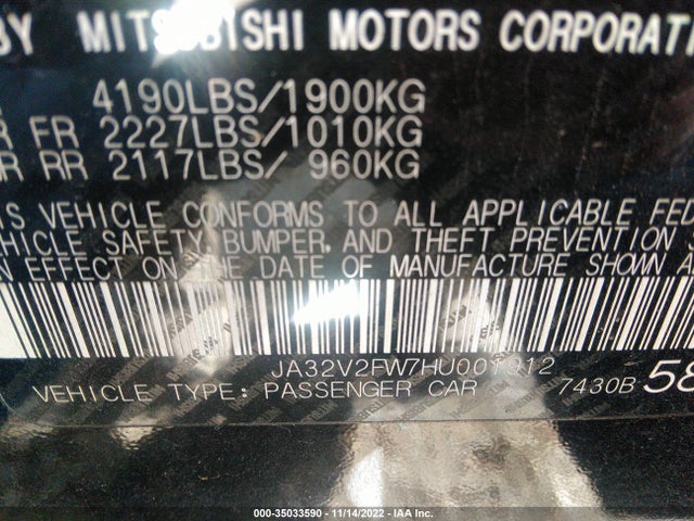 JA32V2FW7HU001912 Mitsubishi Lancer Es/se/sel