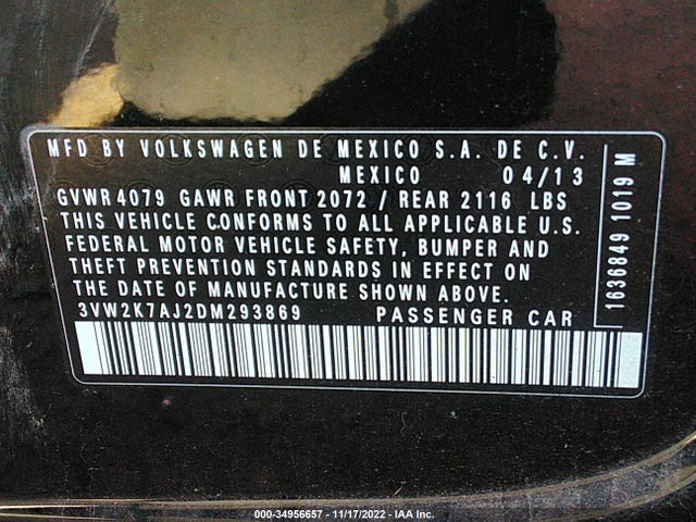 2013 VOLKSWAGEN JETTA SEDAN S VIN: 3VW2K7AJ2DM293869