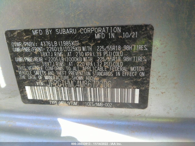 2021 SUBARU CROSSTREK LIMITED VIN: JF2GTHMC4M8672306