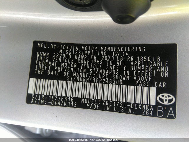 Toyota Corolla L/le/s/s Plus/le Plus 2015 5YFBURHE1FP246300 Image 11