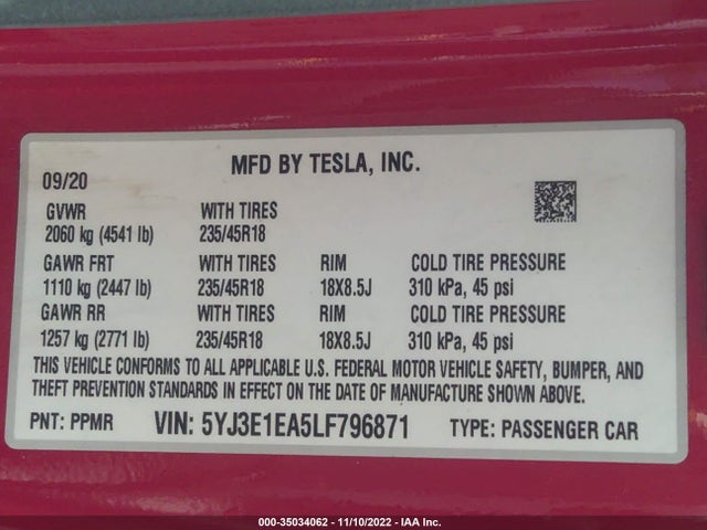 Tesla Model 3 Standard Range 2020 5YJ3E1EA5LF796871 Image 10