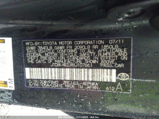 2011 TOYOTA COROLLA L/LE/S VIN: JTDBU4EEXBJ107661