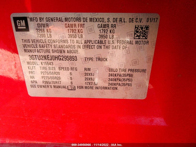 2017 GMC Sierra, VIN: 3GTU2NEJ0HG295893