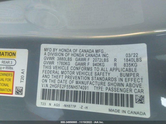 Honda k20c2 2022 2HGFE2F55NH574091 Image 27