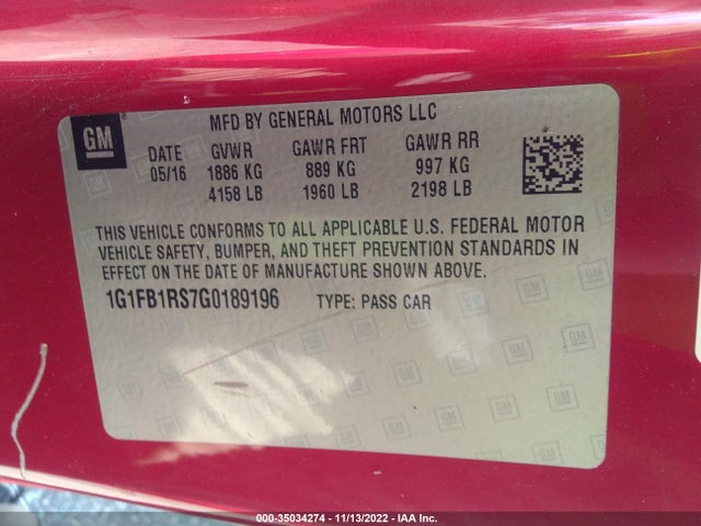 2016 Chevrolet Camaro, VIN: 1G1FB1RS7G0189196