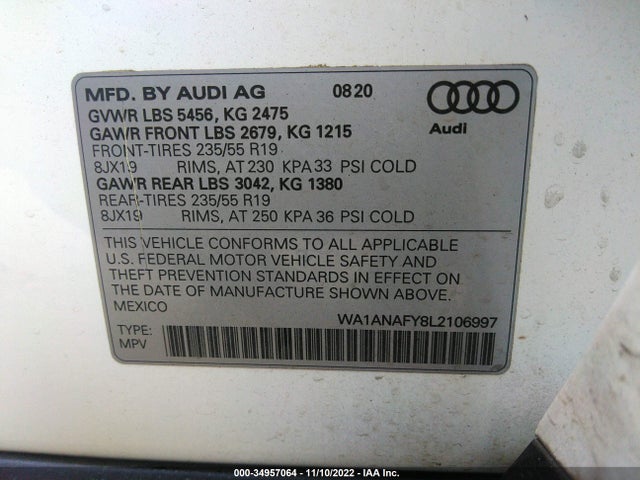 2020 Audi Q5, VIN: WA1ANAFY8L2106997