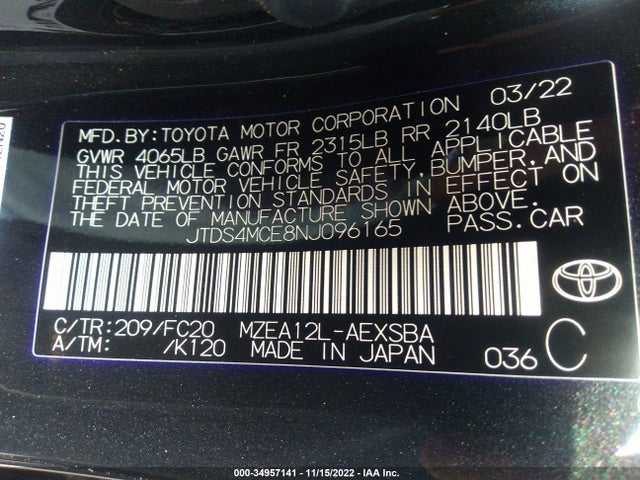2022 TOYOTA COROLLA SE/SE NIGHTSHADE/APEX SE VIN: JTDS4MCE8NJ096165