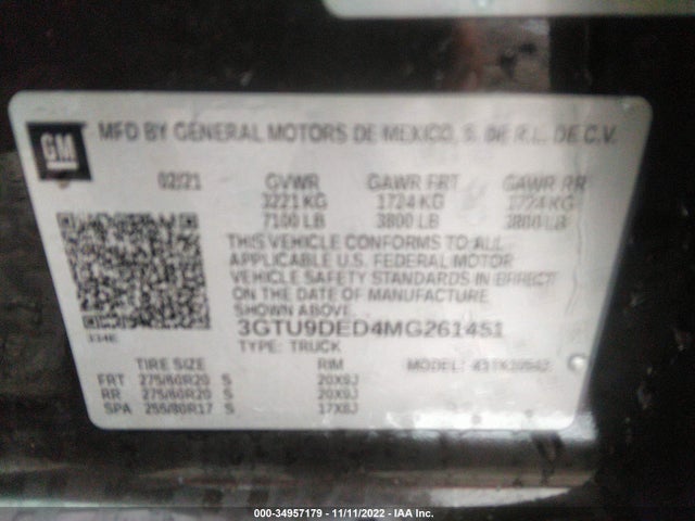 2021 GMC Sierra 1500, VIN: 3GTU9DED4MG261451