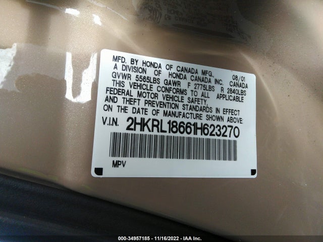 2001 HONDA ODYSSEY EX VIN: 2HKRL18661H623270