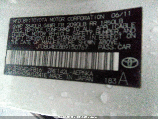 2011 TOYOTA COROLLA L/LE/S VIN: JTDBU4EE8B9150767