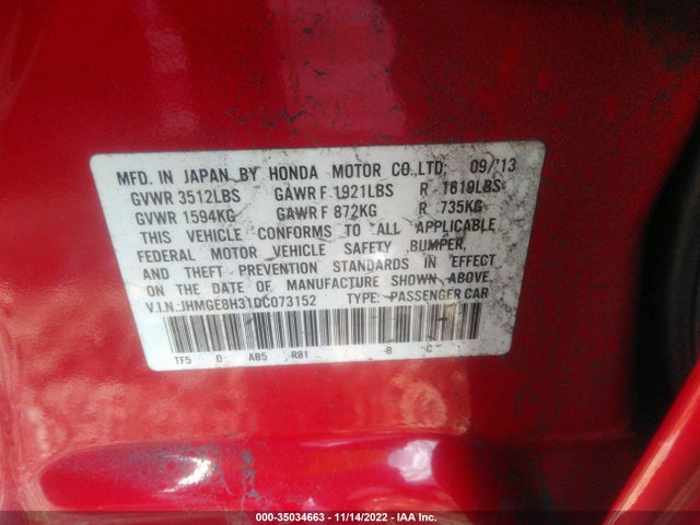2013 HONDA FIT VIN: JHMGE8H31DC073152