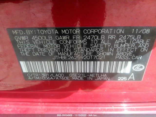 Lexus IS 350 2009 JTHBE262592017021 Image 10