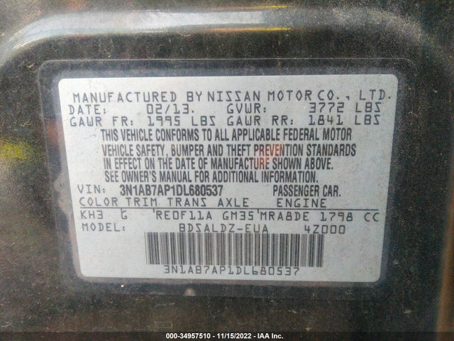 2013 NISSAN SENTRA SV VIN: 3N1AB7AP1DL680537