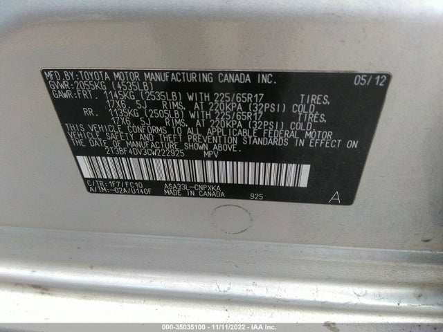 2012 TOYOTA RAV4 VIN: 2T3BF4DV3CW222925