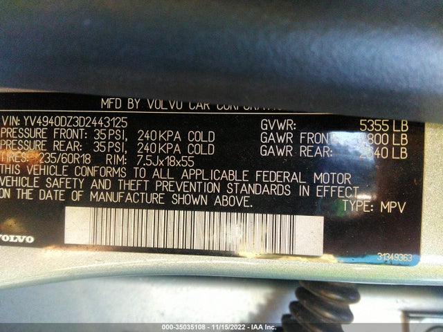 Volvo Xc60 3.2l 2013 YV4940DZ3D2443125 Image 10