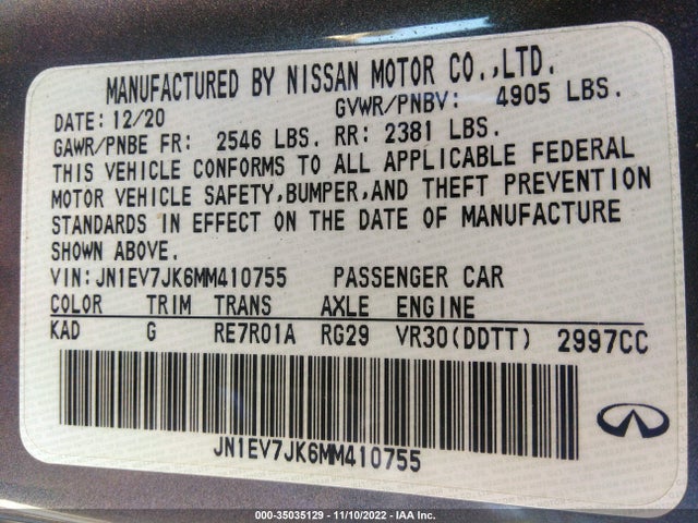 2021 Infiniti Q60, VIN: JN1EV7JK6MM410755