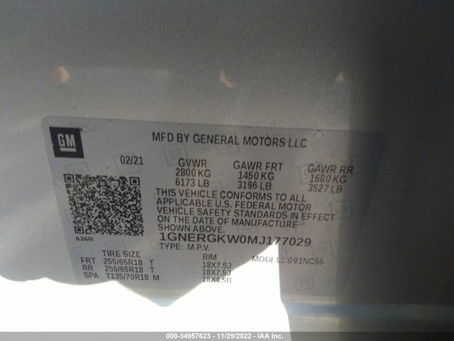 Chevrolet Traverse Lt Cloth 2021 1GNERGKW0MJ177029 Image 9