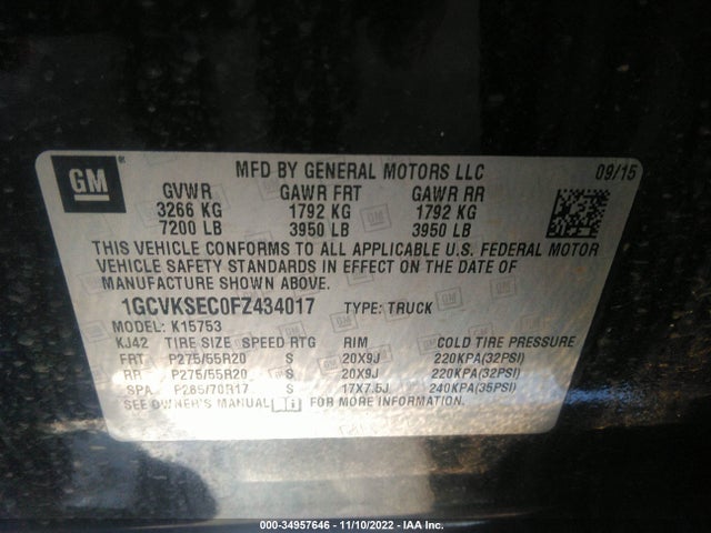 2015 CHEVROLET SILVERADO 1500 LTZ VIN: 1GCVKSEC0FZ434017