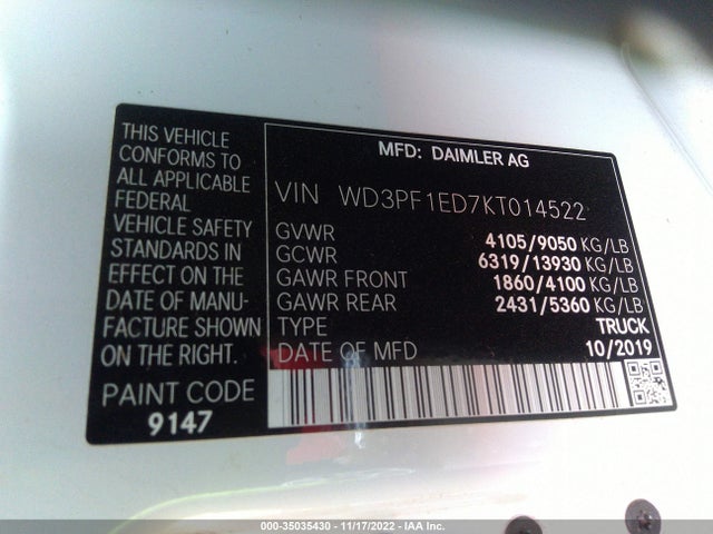 2019 Mercedes-Benz Sprinter, VIN: WD3PF1ED7KT014522