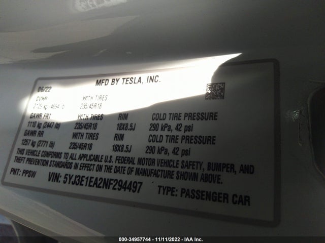 5YJ3E1EA2NF294497 Tesla MODEL 3
