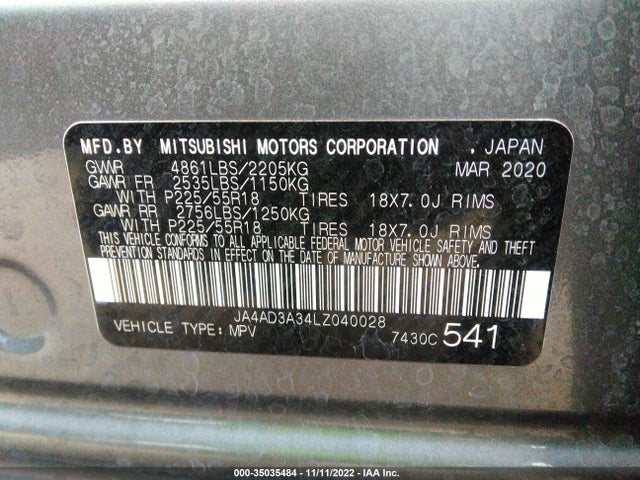 2020 MITSUBISHI OUTLANDER SE/SEL/LE/SP VIN: JA4AD3A34LZ040028
