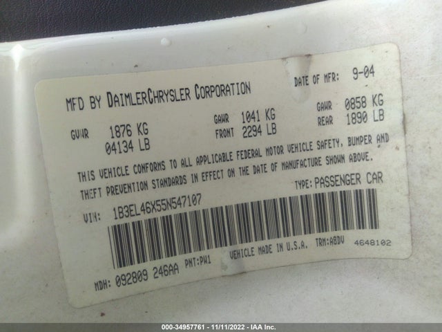 Dodge Stratus Sdn Sxt 2005 1B3EL46X55N547107 Image 9