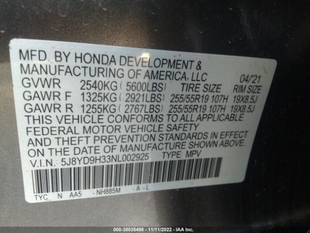 5J8YD9H33NL002925 Acura MDX