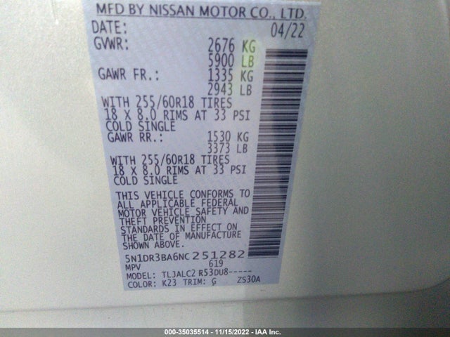 2022 Nissan Pathfinder, VIN: 5N1DR3BA6NC251282