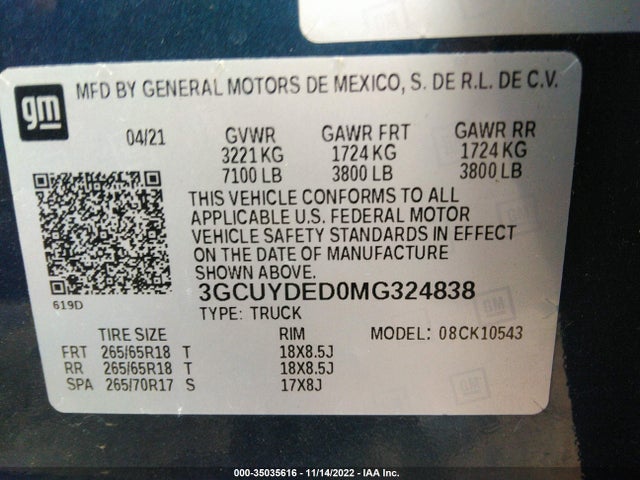 2021 Chevrolet Silverado 1500, VIN: 3GCUYDED0MG324838