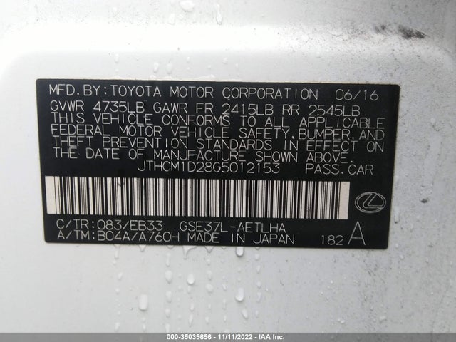 2016 Lexus IS, VIN: JTHCM1D28G5012153