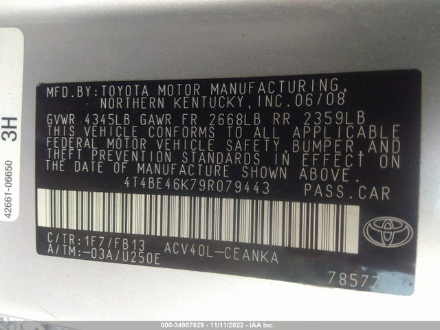 2009 TOYOTA CAMRY VIN: 4T4BE46K79R079443