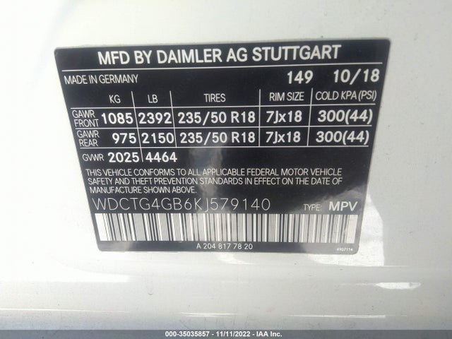 2019 MERCEDES-BENZ GLA GLA 250 VIN: WDCTG4GB6KJ579140