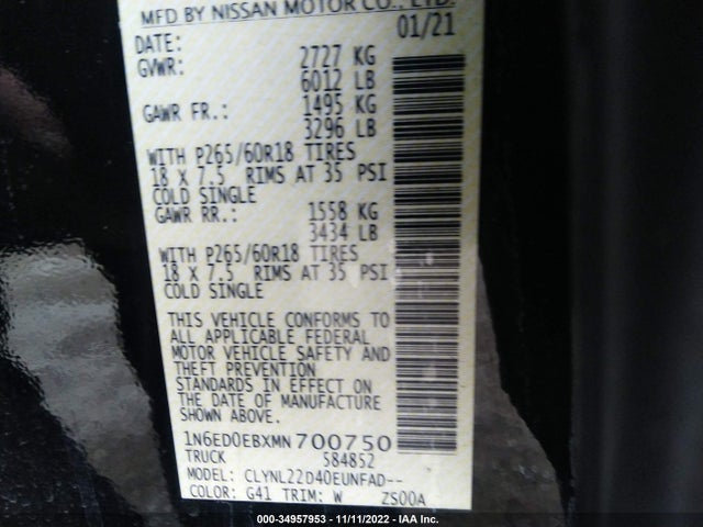 2021 Nissan Frontier, VIN: 1N6ED0EBXMN700750