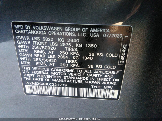 2020 Volkswagen Atlas, VIN: 1V2NE2CA9LC221279