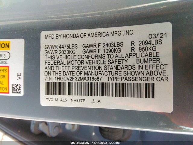 2021 HONDA ACCORD SEDAN SPORT VIN: 1HGCV2F32MA016567