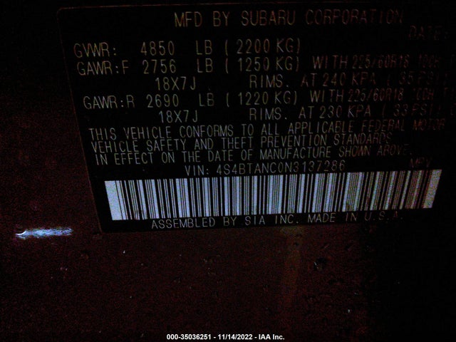 2022 Subaru Outback, VIN: 4S4BTANC0N3137286