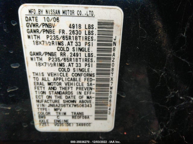 Nissan MURANO SL 2007 JN8AZ08TX7W506343 Image 9