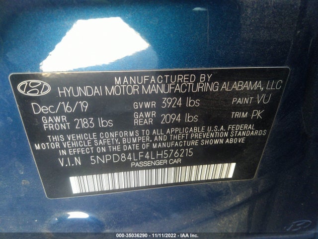 2020 HYUNDAI ELANTRA SEL VIN: 5NPD84LF4LH576215