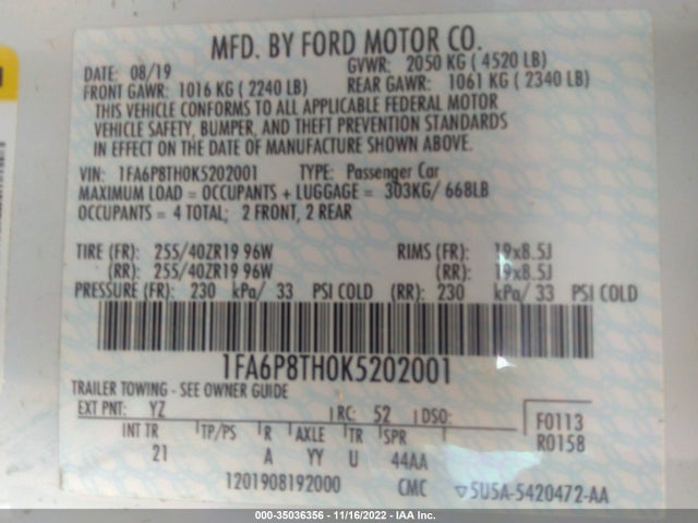2019 FORD MUSTANG ECOBOOST VIN: 1FA6P8TH0K5202001