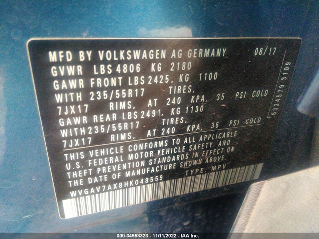 2017 VOLKSWAGEN TIGUAN VIN: WVGAV7AX8HK048559