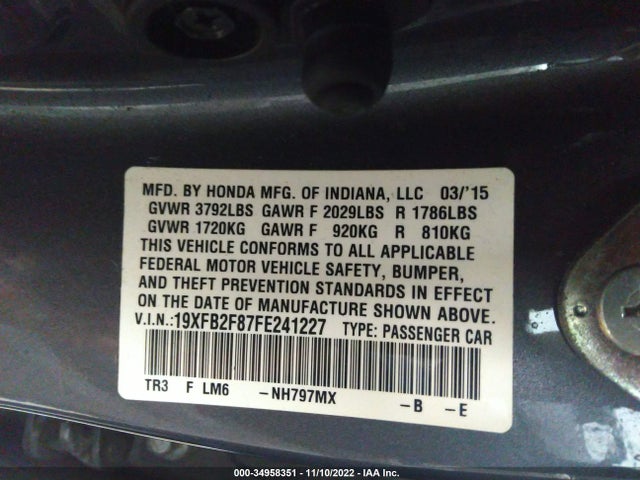 2015 HONDA CIVIC SEDAN EX VIN: 19XFB2F87FE241227