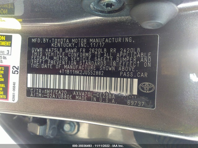 Toyota Camry Le/se/xle/l 2018 4T1B11HK2JU552882 Image 10
